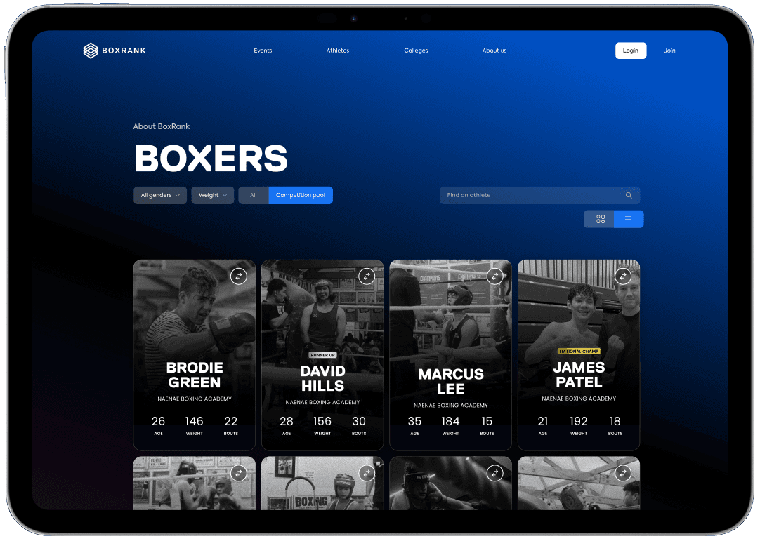BoxRank app showing athlete profiles
