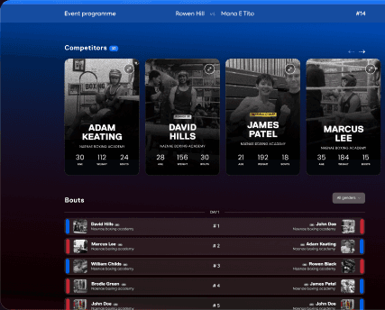 BoxRank event programme showing bouts and competitor management